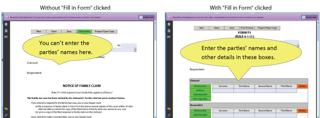 This shows Form F3 before and after you click Fill In Form