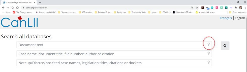 Screenshot of the CanLII search home page. The question mark at the right side of the Document text search bar is circled in red.