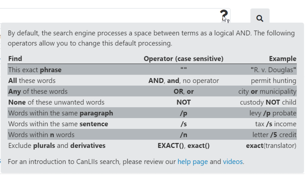 Screenshot of the CanLII search tip pop-up menu.