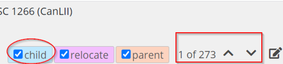 Screenshot of the CanLII keyword bar showing the tick boxes on the highlighted keywords, and the up and down arrows for scrolling from keyword to keyword in the text