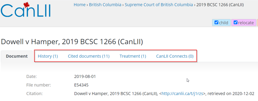 Screenshot of the tabs within a case on CanLII. The tabs for History, Cited documents, Treatment, and CanLII Connects are boxed in red.